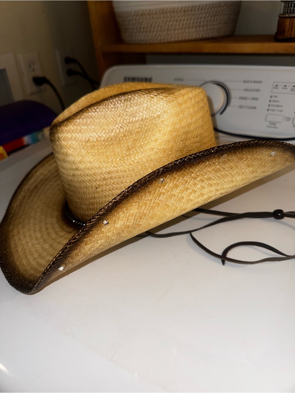 Women’s Straw Cowboy Hat in Tan with Dark Brown Trim - Picture 6 of 15